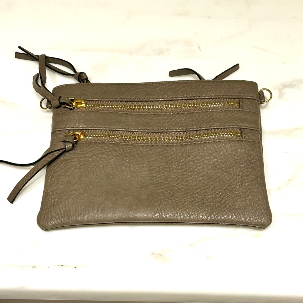 Taupe Pebbled Faux Leather Zipper Clutch